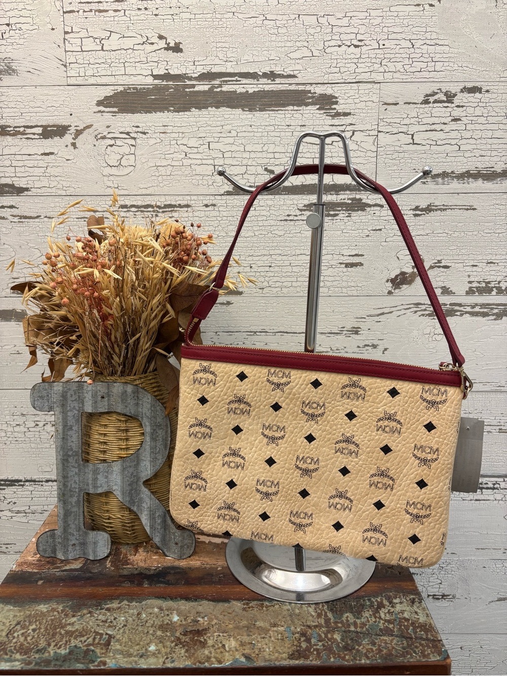 MCM Authentic Beige Wristlet / Pouch with Burgundy Trim